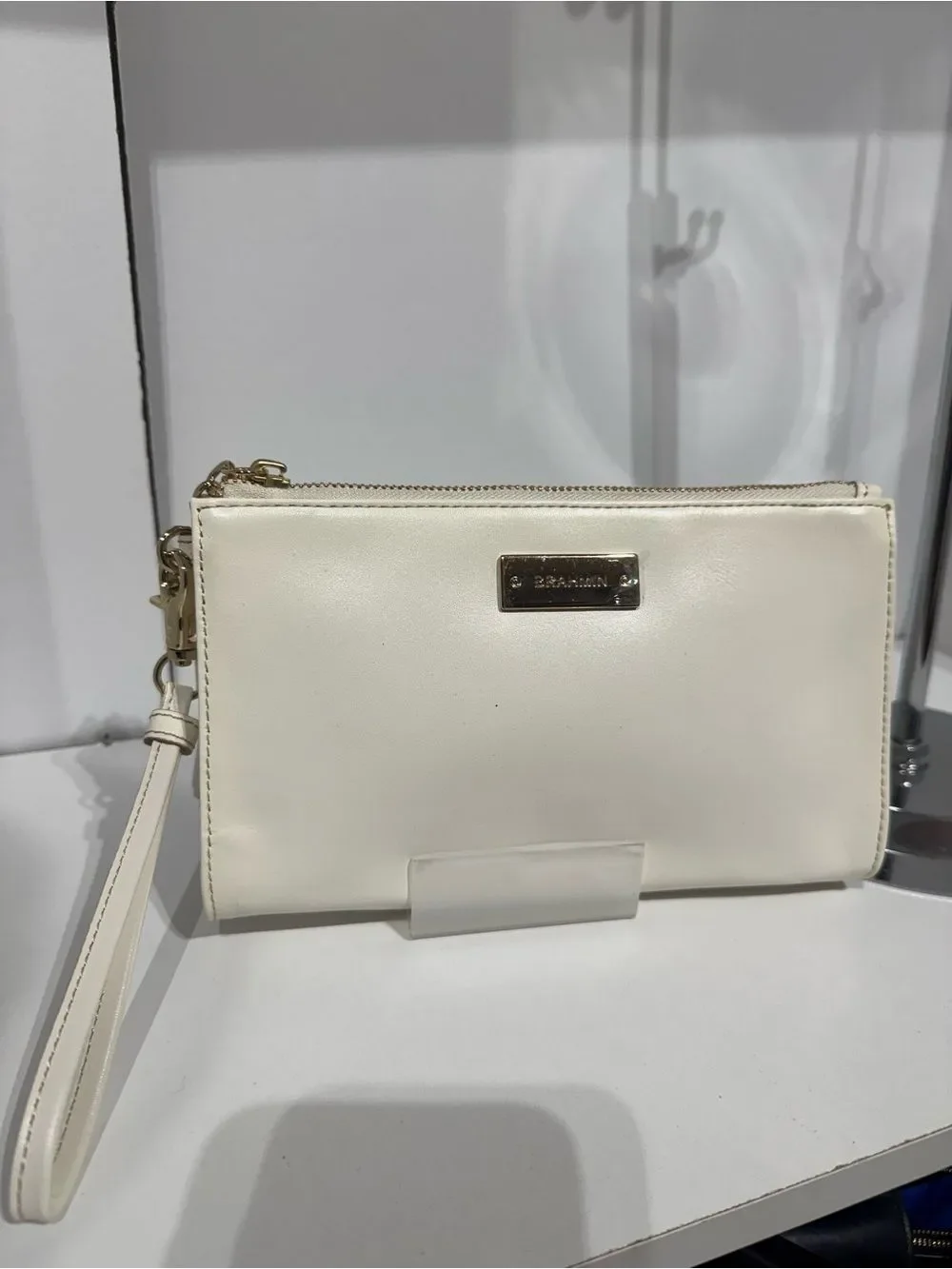 Brahmin Millie Cream Leather Wristlet Clutch with Gold Hardware